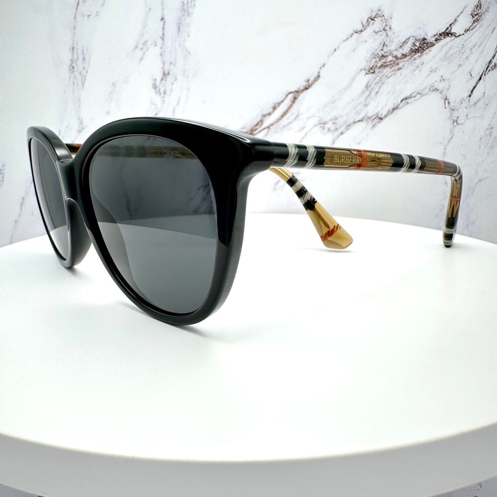 New Burberry Sunglasses Black Front Round Pantos Frame Checkered Arms Gray Lens - Picture 4 of 16